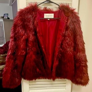 Faux fur, cropped, deep red jacket.